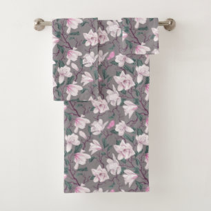Pink Tinged Magnolias on Taupe Bath Towel Set