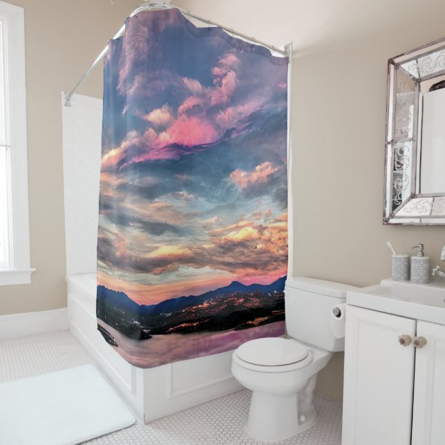 Pink-tinged sky shower curtain (In Situ)