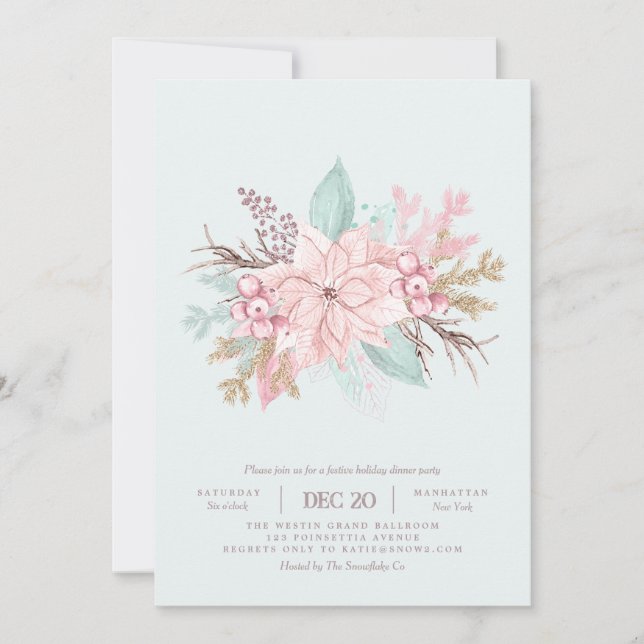 Pink Tis The Season Mint Holiday Dinner Invitation (Front)