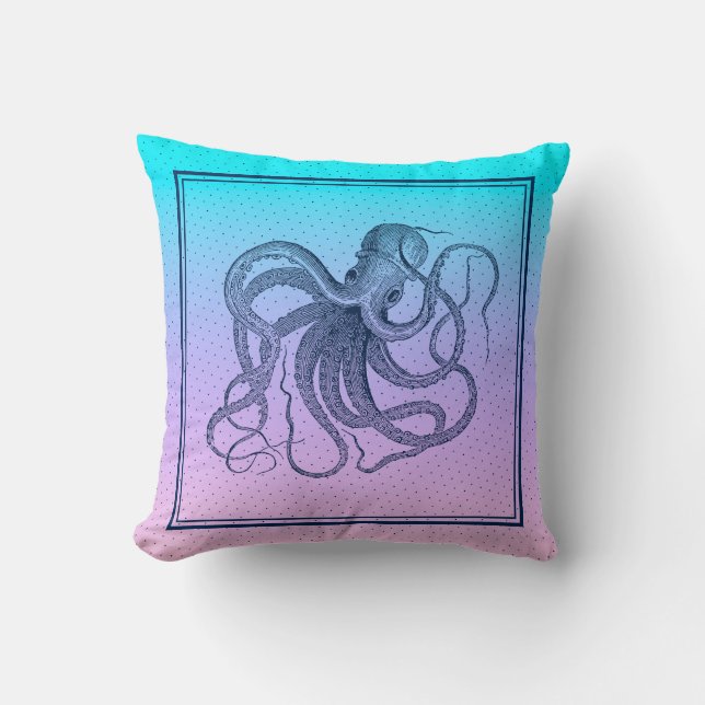 Pink to blue ombre vintage octopus illustration cushion (Front)