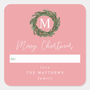 Pink To Wreath Monogram Merry Christmas Square Sticker