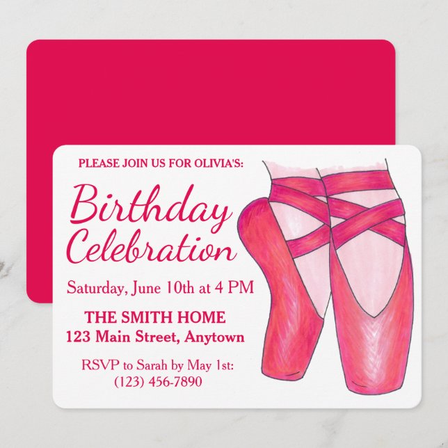 Pink Toe Shoes Ballet Ballerina Dance Birthday Invitation (Front/Back)