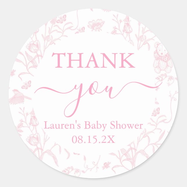 Pink Toile Bear Baby Shower Girl Classic Round Sticker (Front)