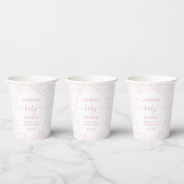 Pink Toile Bear Baby Shower Girl Paper Cups (Multi)