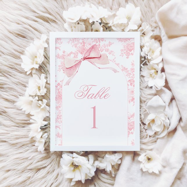 Pink Toile Bow Baby Girl Shower Table Number Sign (Creator Uploaded)