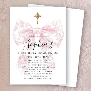 Pink Toile Bow Cross Girl First Communion Arch Invitation