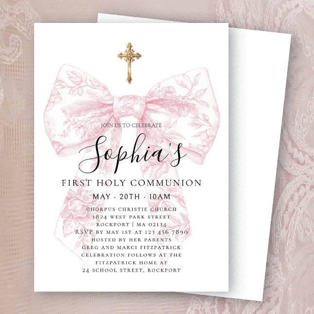 Pink Toile Bow Cross Girl First Communion Invitation (Creator Uploaded)