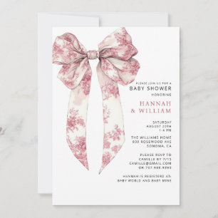 Pink Toile Bow Girl Baby Shower Invitation