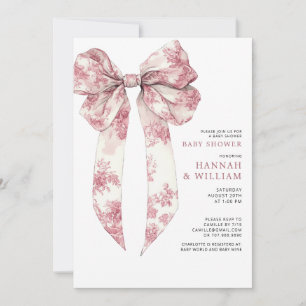 Pink Toile Bow Girl Baby Shower Invitation