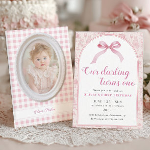 Pink Toile Coquette Bow 1st Birthday Girl Invitation