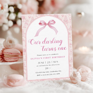 Pink Toile Coquette Bow 1st Birthday Girl Invitation Postcard
