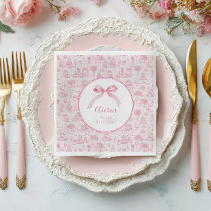 Pink Toile Coquette Bow 1st Birthday Girl Napkin