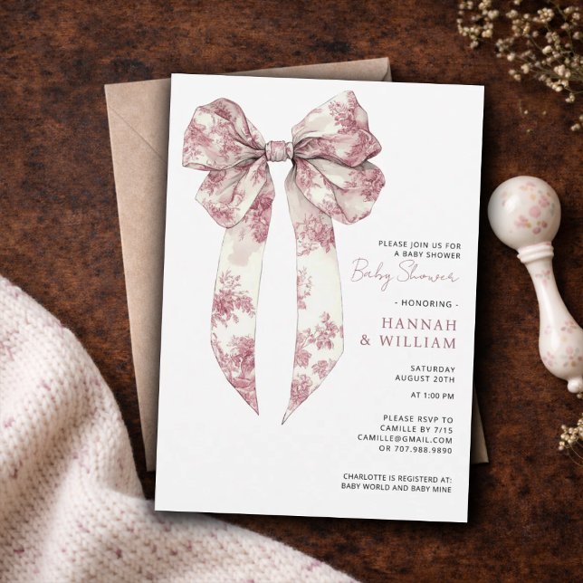 Pink Toile Coquette Ribbon Girl Baby Shower Invitation (Creator Uploaded)