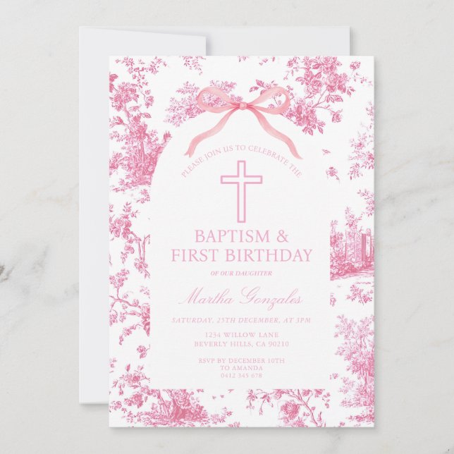 Pink Toile de Jouy Baptism & First Birthday Bow  Invitation (Front)