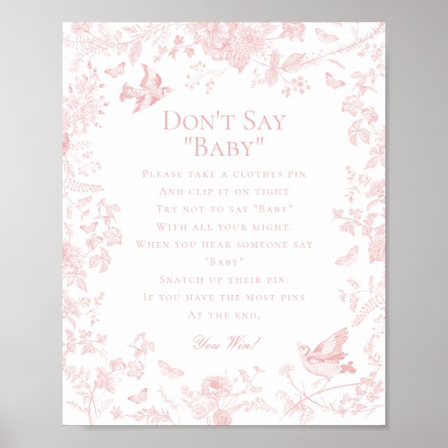 Pink Toile De Jouy Dont Say Baby Shower Game Poster (Front)