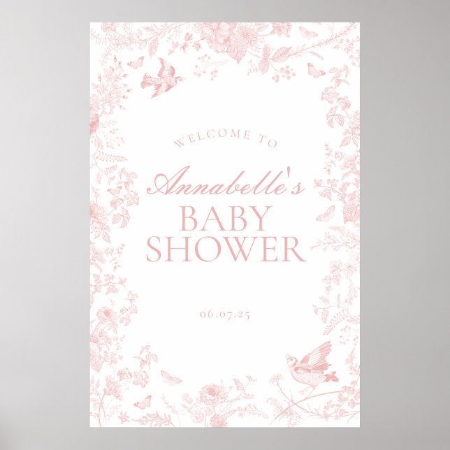 Pink Toile De Jouy Floral Baby Shower Welcome Sign (Front)