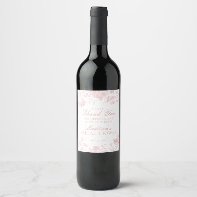 Pink Toile De Jouy Floral Bridal Shower Favours Wine Label (Front)