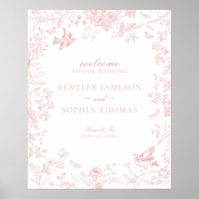 Pink Toile De Jouy Floral Wedding Welcome Sign (Front)