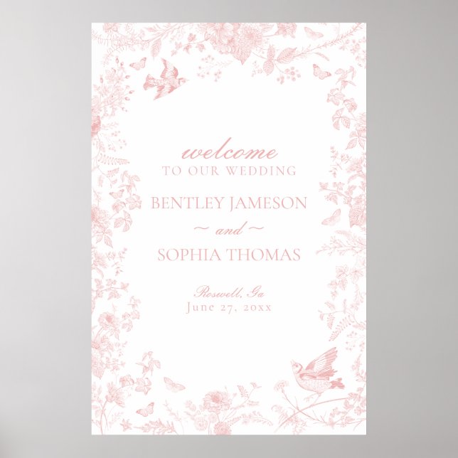 Pink toile de jouy floral wedding welcome sign (Front)