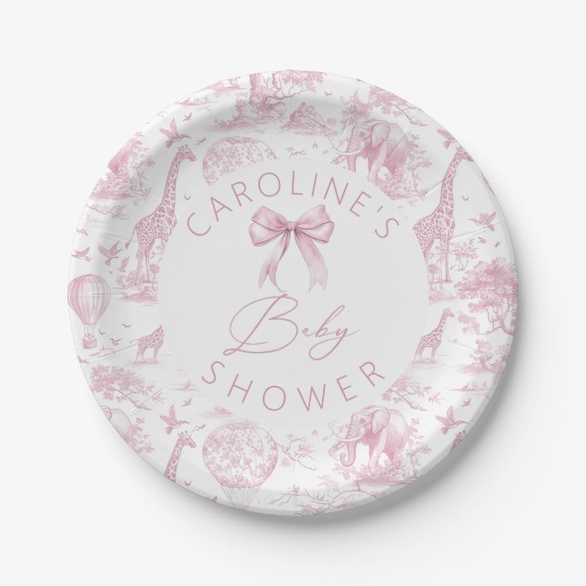 Pink Toile de Jouy Safari Baby Shower Paper Plates (Front)
