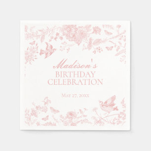 Pink Toile De Jouy Vintage Floral Birthday Party Napkin