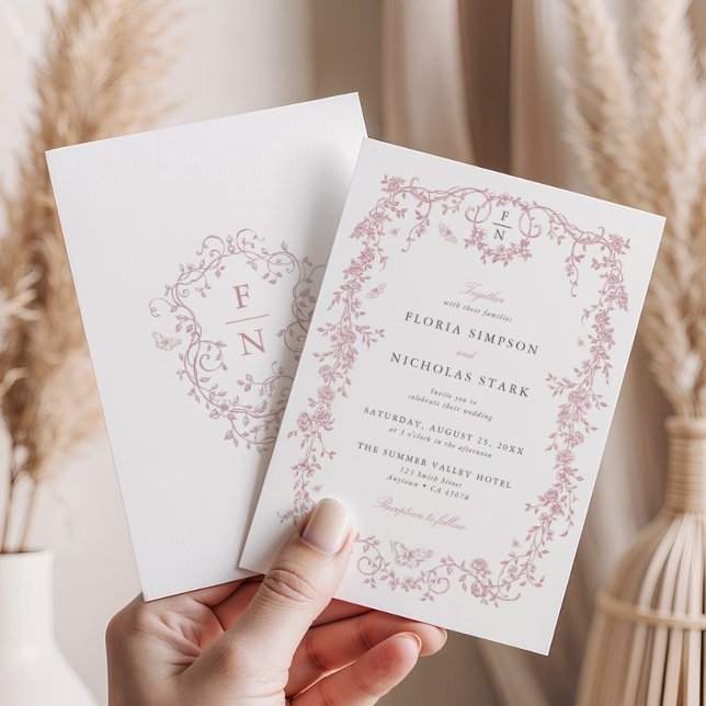 Pink Toile De Jouy Wedding Invitation Chinoiserie (Creator Uploaded)