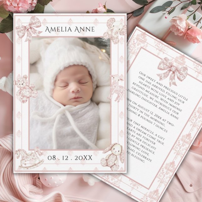 Pink Toile Elegant Baby Girl Birth Announcement (Creator Uploaded)