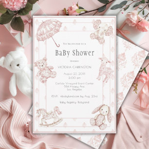 Pink Toile Elegant Girl Baby Shower Invitation