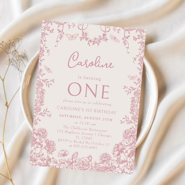 Pink Toile Floral Chinoiserie 1st Birthday Invitation (Creator Uploaded)