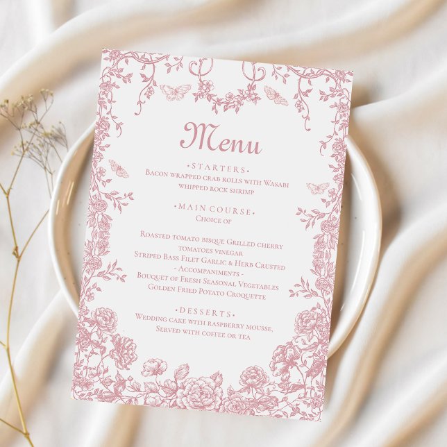 Pink Toile Floral Chinoiserie Wedding Menu (Creator Uploaded)