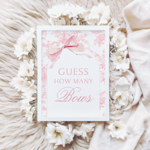 Pink Toile How Many Bows Baby Shower Games Sign Invitation
