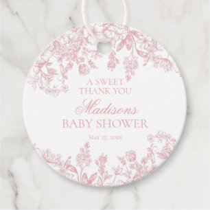 Pink Toile Jouy Vintage Floral Baby Shower Circle Favour Tags