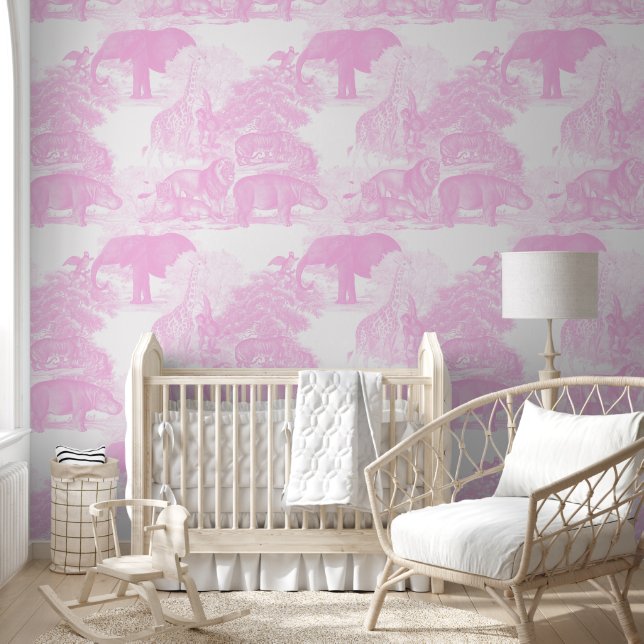 Pink Toile Jungle Animals Safari Chinoiserie Girl Wallpaper (Kids)