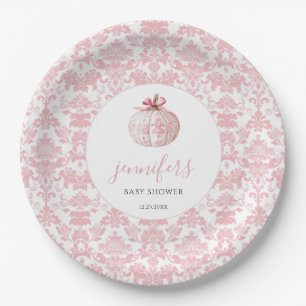 Pink Toile Pumpkin Bow Baby Girl Shower Paper Plate