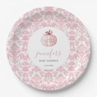 Pink Toile Pumpkin Bow Baby Girl Shower Paper Plate