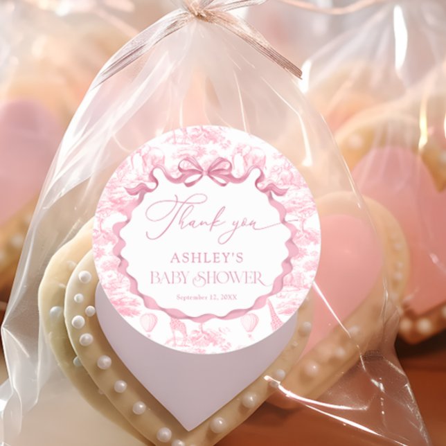 Pink Toile Safari Animal Baby Shower Thank You  Classic Round Sticker (Creator Uploaded)