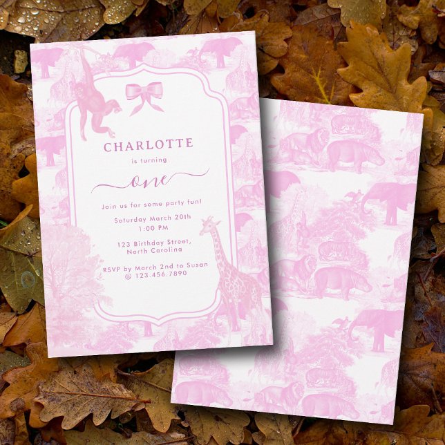 Pink Toile Safari Animals Chinoiserie Birthday Invitation (Pink Toile Safari Animals Chinoiserie Birthday Invitation)