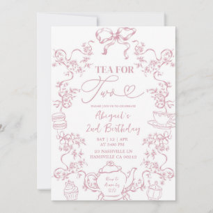 Pink Toile Tea for Two 2nd Birthday Invitation
