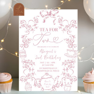 Pink Toile Tea for Two 2nd Birthday Invitation