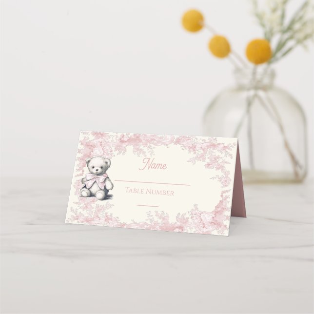 Pink Toile Teddy Bear Baby Shower Welcome Sign Place Card (Front)