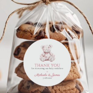 Pink Toile Teddy Bear Girl Baby Shower Favor Classic Round Sticker