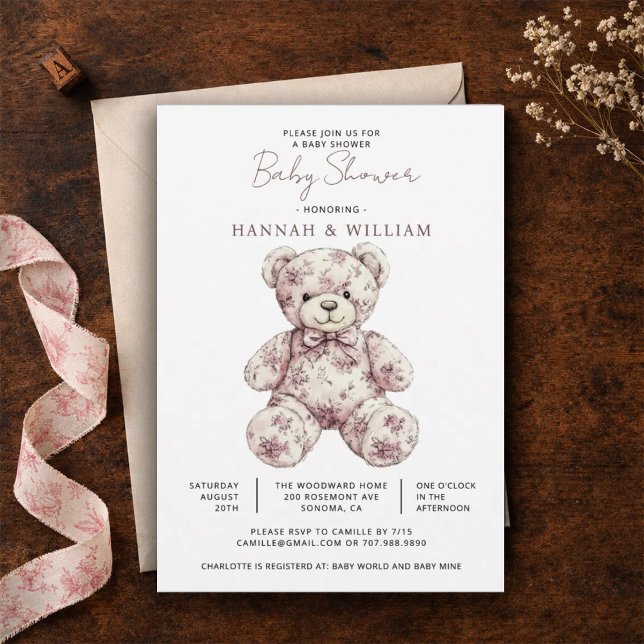 Pink Toile Teddy Bear Girl Baby Shower Invitation (Creator Uploaded)