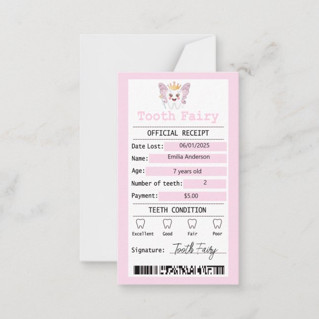 Pink Tooth Fairy Receipt Flat Note Card (Front)