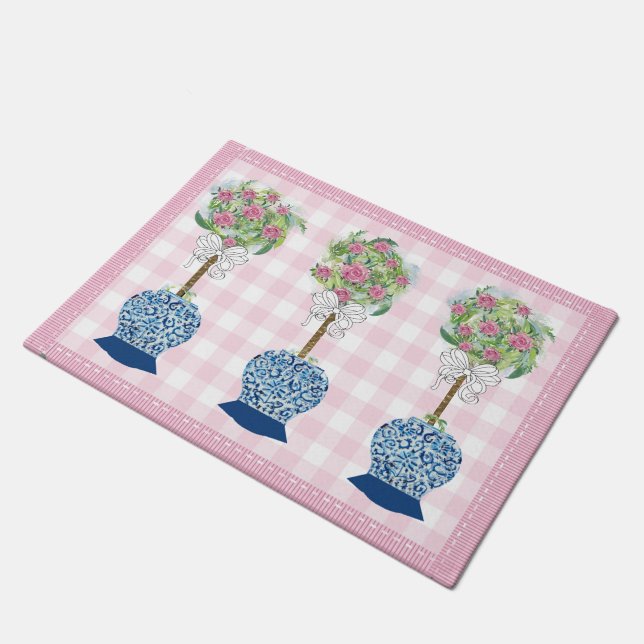 Pink Topiary Blue Rose Ginger Jar Doormat Rug (Angled)