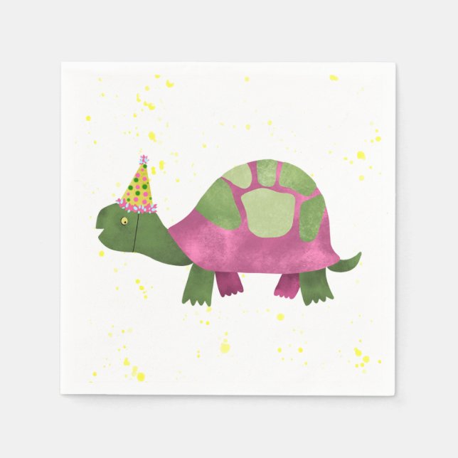 Pink Tortoise Party Napkin | Turtle Birthday Party (Front)