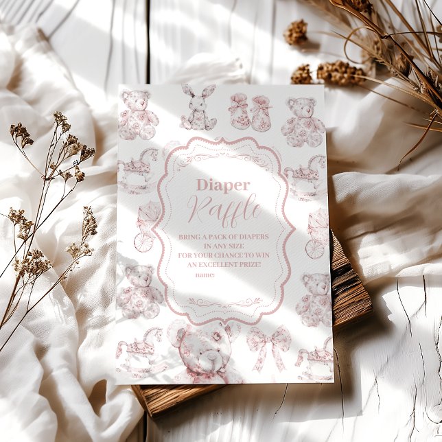 Pink Toys Toile De Jouy Baby Shower Diapper Raffle Enclosure Card (Creator Uploaded)