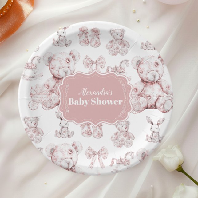 Pink Toys Toile De Jouy Baby Shower Paper Plate (Creator Uploaded)