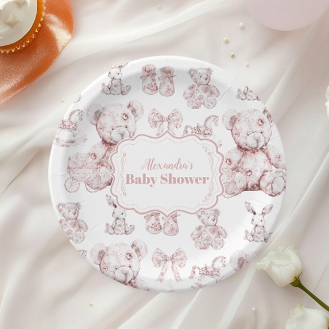 Pink Toys Toile De Jouy Baby Shower Paper Plate (Creator Uploaded)