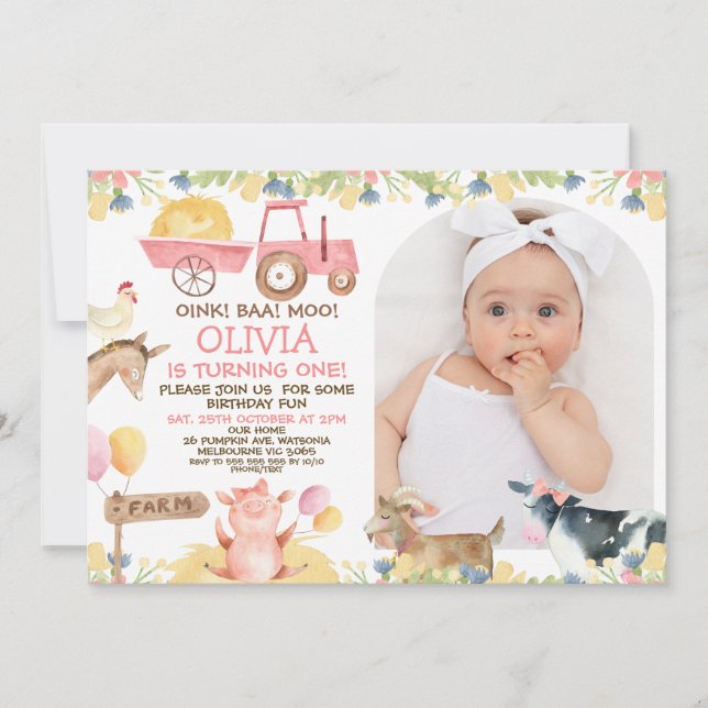 Pink Tractor Arch Farm Animals 1st Birthday Invitation (Front)