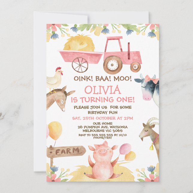 Pink Tractor Balloons Farm Animals 1st Birthday Invitation (Front)